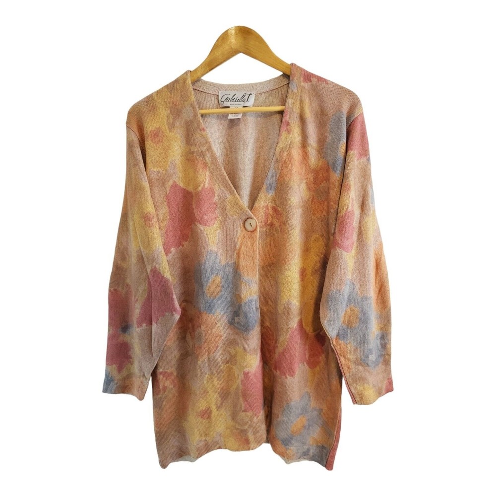 Vintage Gabriella T Linen Blend Floral Cardigan Womens Size 1X Italy Long Sleeve
